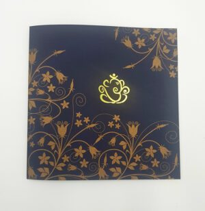 Sqaure modern Indian wedding invitations with floral design and Ganesh on blue cardstock