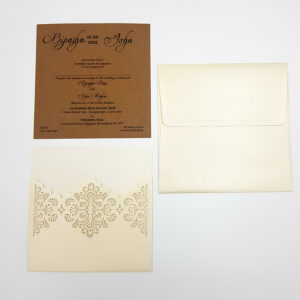 Ivory pocket lasercut invitation with Kraft card insert SC 5642-0