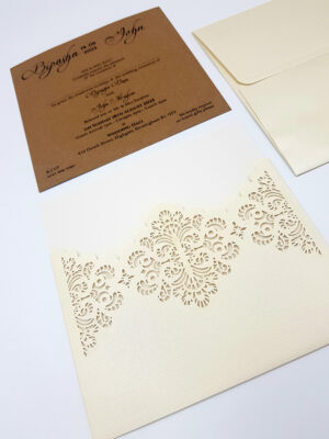 Ivory pocket lasercut invitation with Kraft card insert SC 5642-5968