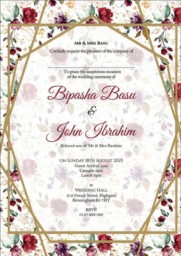 Maroon Purple and Green Floral Geometric Frame A5 Invitation -6152