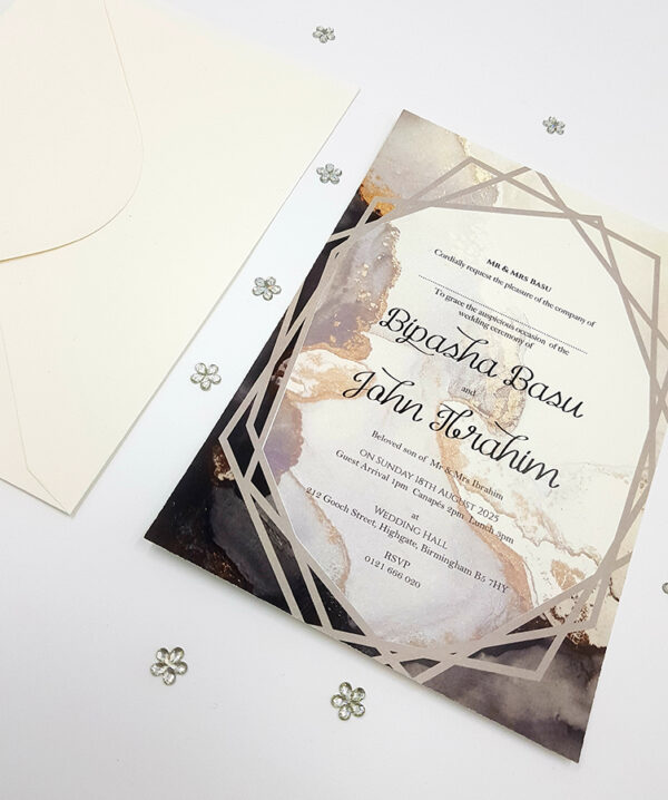 Black and gold Fluid Marble A5 wedding invitations