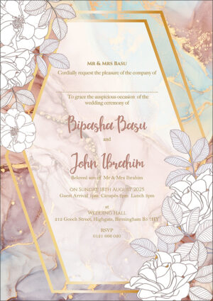 hand drawn floral wedding invitations in pink and blue