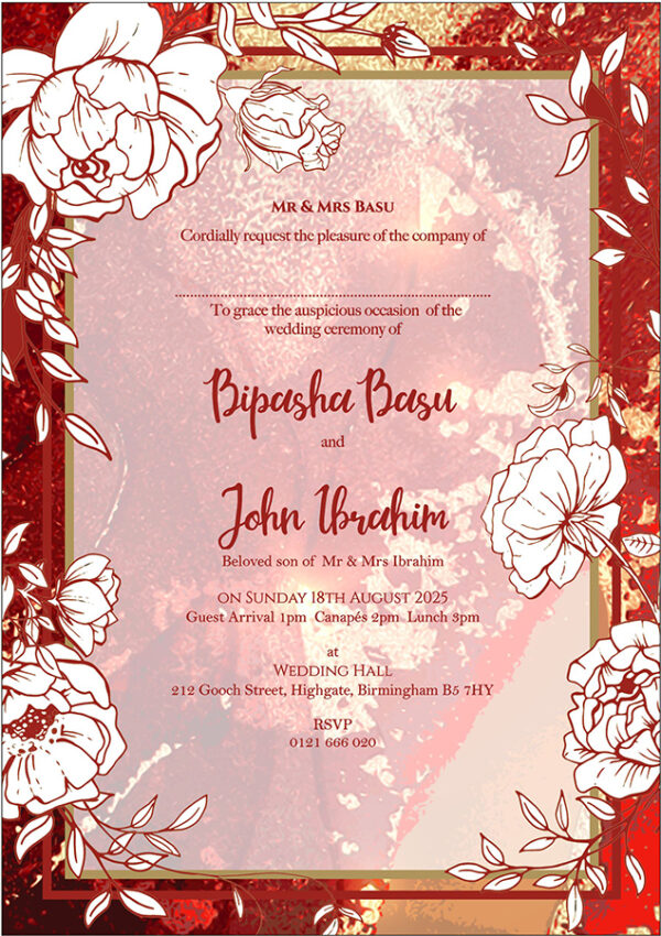 Maroon marble effect hand drawn floral flat invitations