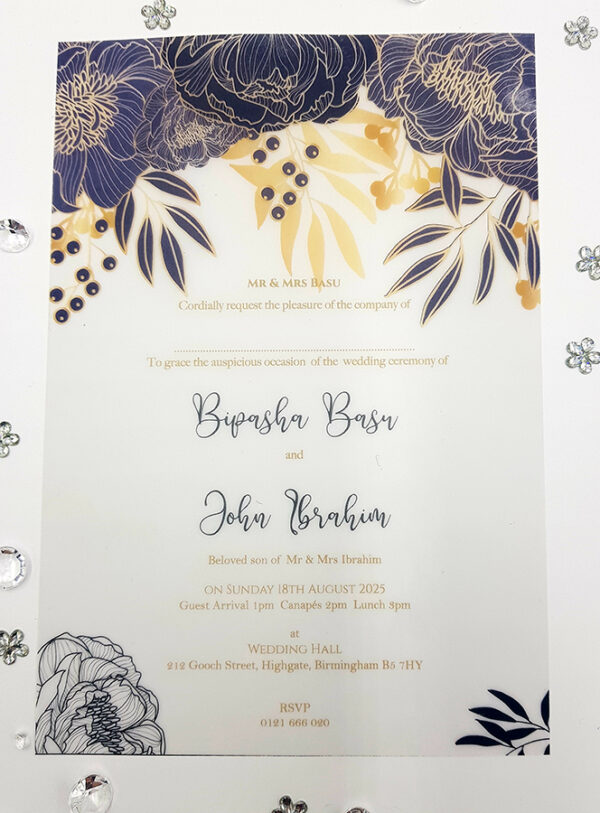 Blue outline floral vellum wedding invitations