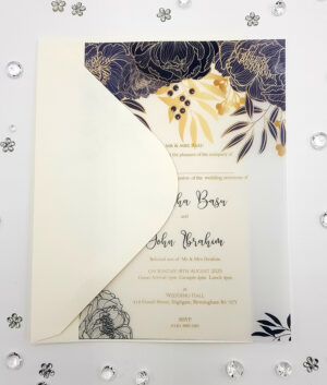 blue and yellow vellum bridal shower invitations