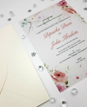 pink roses vellum layered wedding invitation