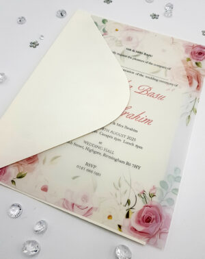 wedding invitations sheer overlay with pink flowers