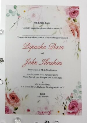 peach floral wedding invitation with translucent overlay