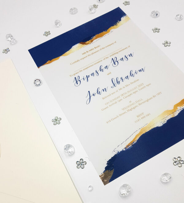 NAVY BLUE & gold WATERCOLOUR AGATE Translucent vellum INVITATION