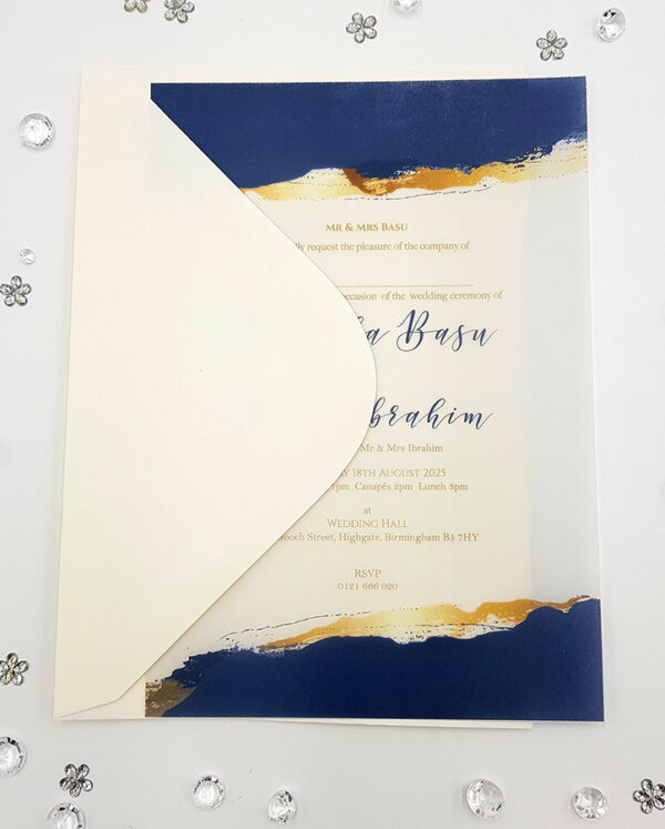 Agate Vellum party invitation in blue and gold