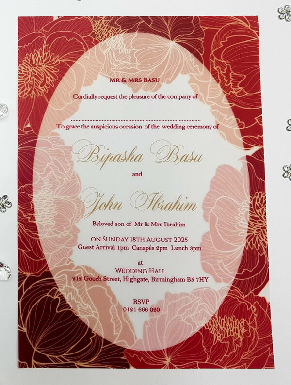 Red floral vellum paper invitation