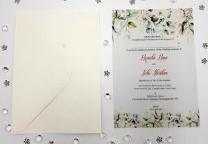 vellum bridal shower invitations in green and cream
