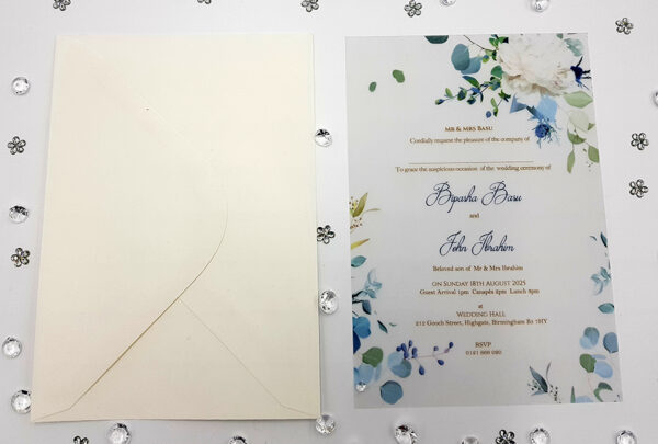 floral vellum wedding invitations with blue flowers