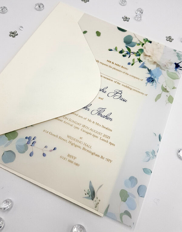 vellum invitations wedding blue flowers