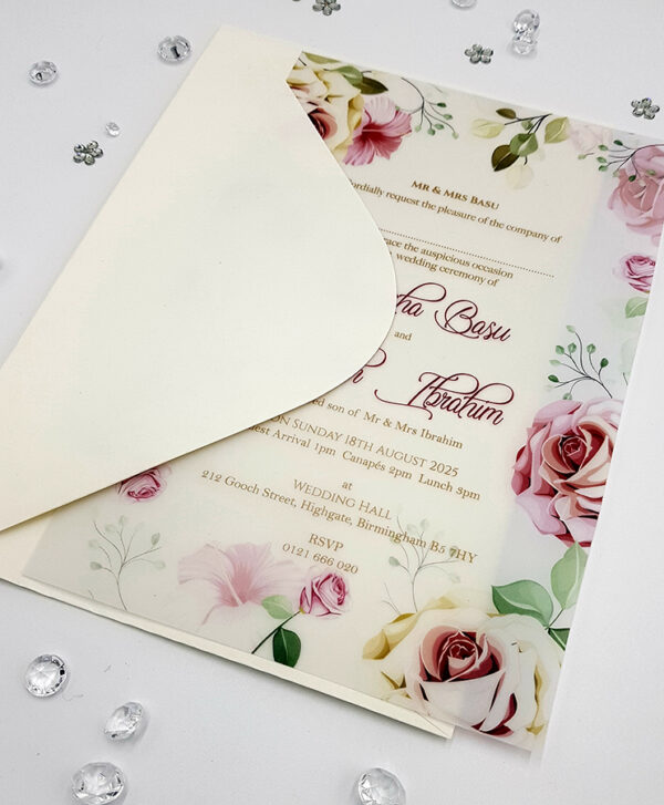 Pink and Peach Roses wedding invitations vellum paper