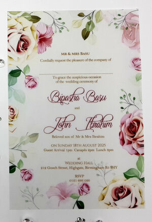 floral vellum wedding invitations in Green, pink and peach roses