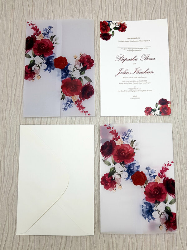 Maroon peonies Translucent Floral Vellum Invitation Supplied with Red Wax Seal