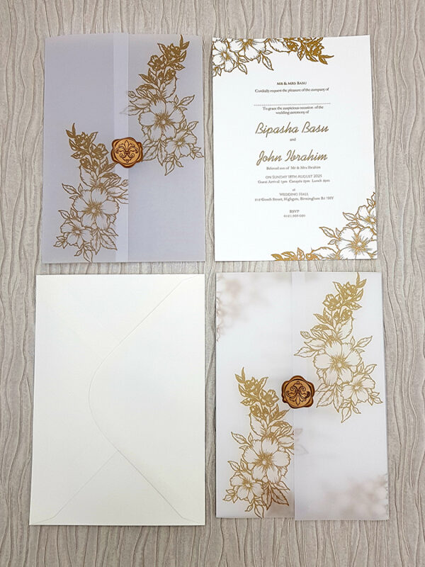 illustrated floral wedding invitation with translucent overlay