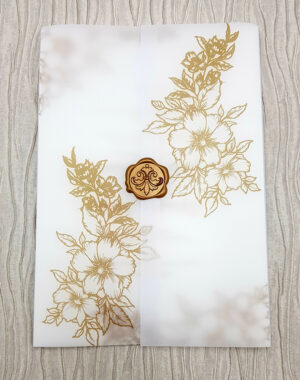 wedding invitations sheer overlay in gold with faux wax seal