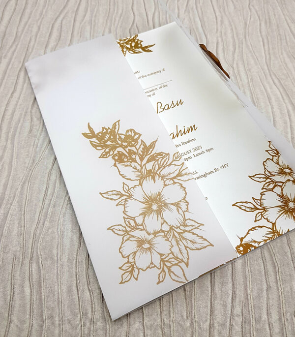 vellum gatefold wedding invitation overlay with gold flowers
