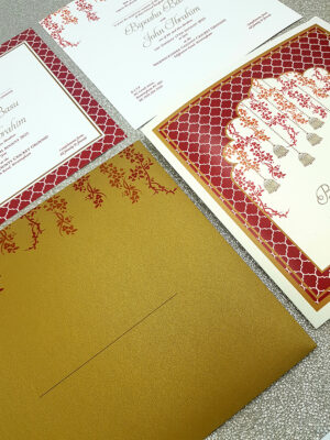 Indian wedding card printing near me in Dark red and gold