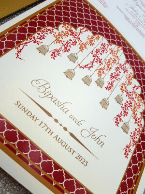 large square Desi wedding invitations in Burgundy
