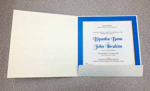Square pocket online indian wedding invitation card in blue