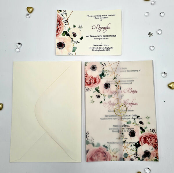 wedding invitation vellum wrap with flower print