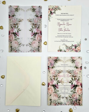 Pink Floral wedding invitations with vellum paper