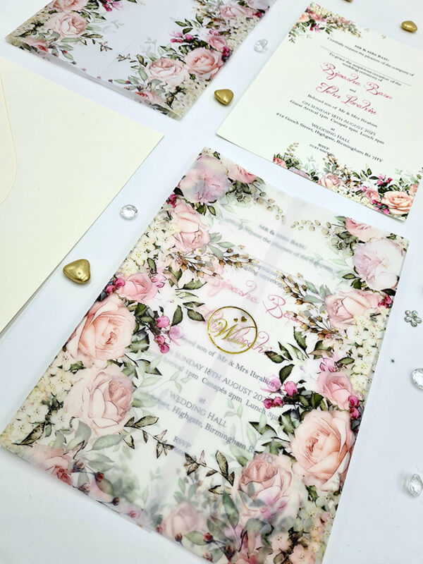 printing wedding invitations on vellum paper with pink flowers