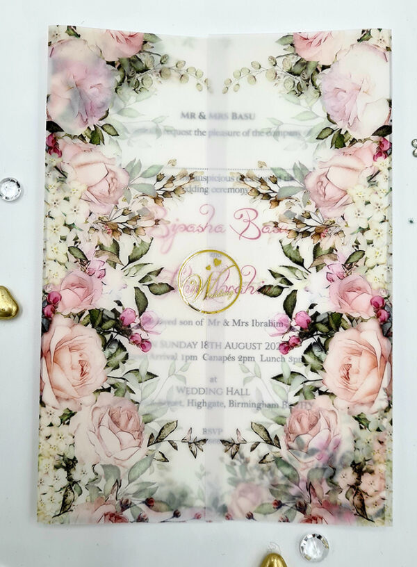 Peach and Pink Flower invitations with vellum