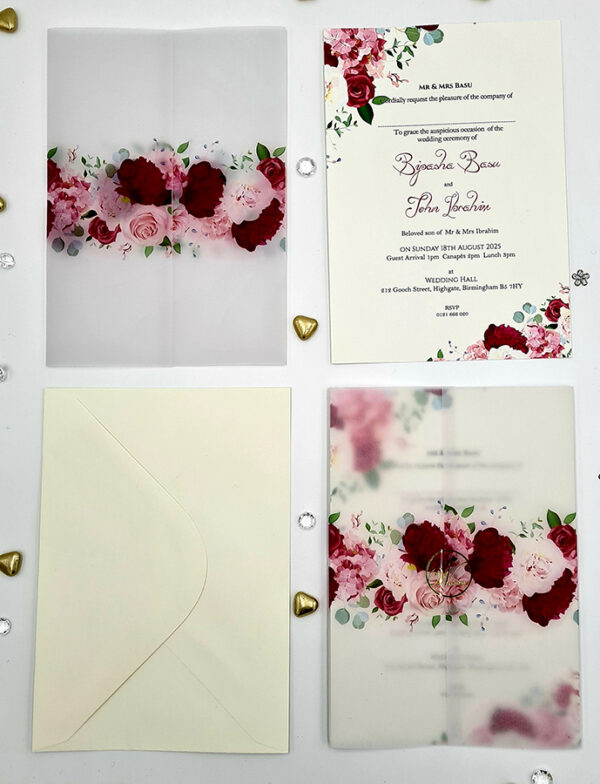 Red roses flowers vellum invitation