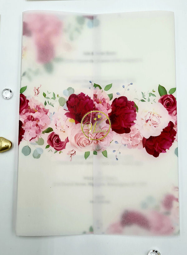 Modern Vellum Floral Invitation in red and pink