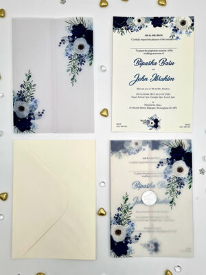 wedding vellum invitations in blue flowers