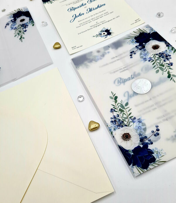 translucent vellum wedding envelopes in greya nd blue