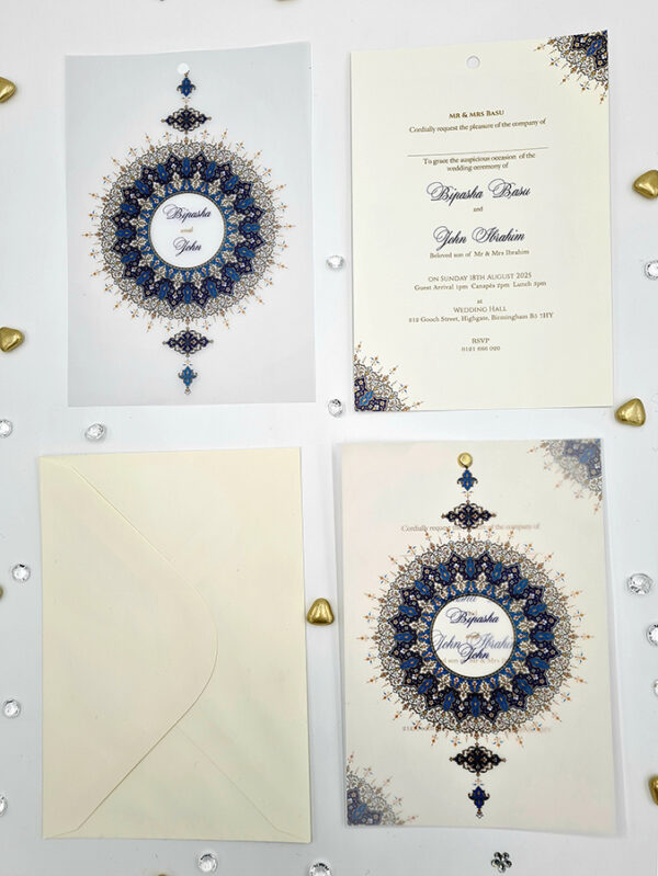 Desi wedding invites with vellum overlay in Blue