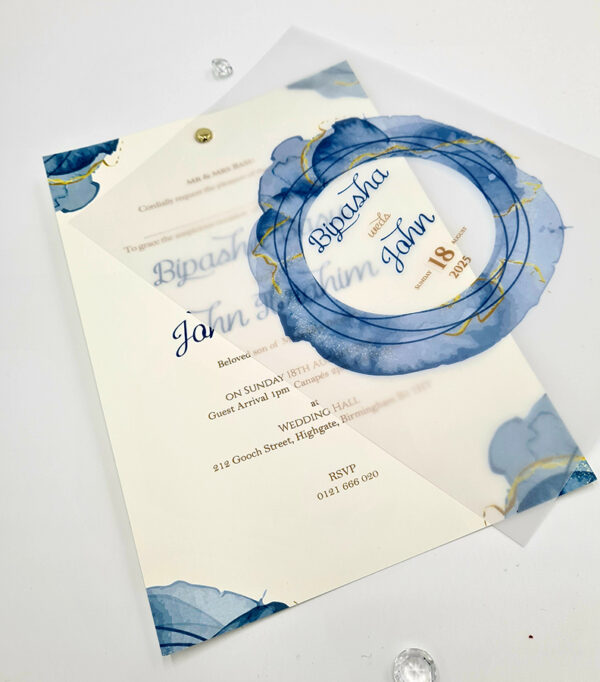Vellum overlay invitation in A5 with blue liquid marble print