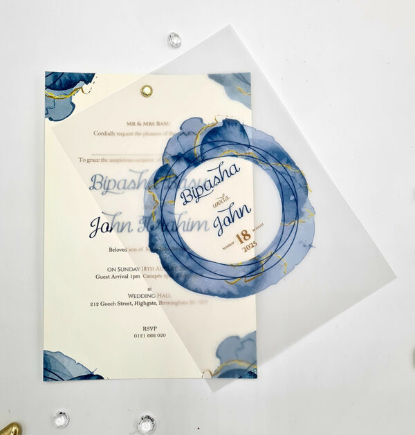 overlay wedding invitations in blue and gold