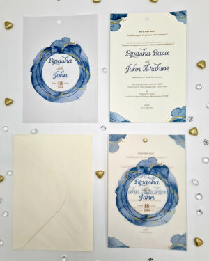 wedding invites with vellum overlay in blue colour