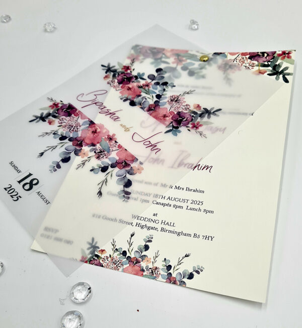 Watercolor flowers layered vellum invitation