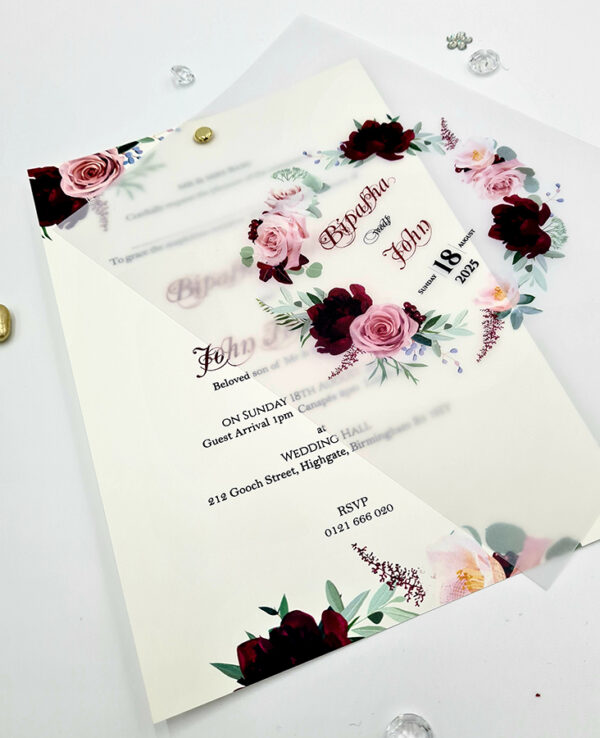 Maroon and pink floral vellum invitation inserts