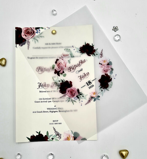 Maroon and pink flowers vellum wedding programs