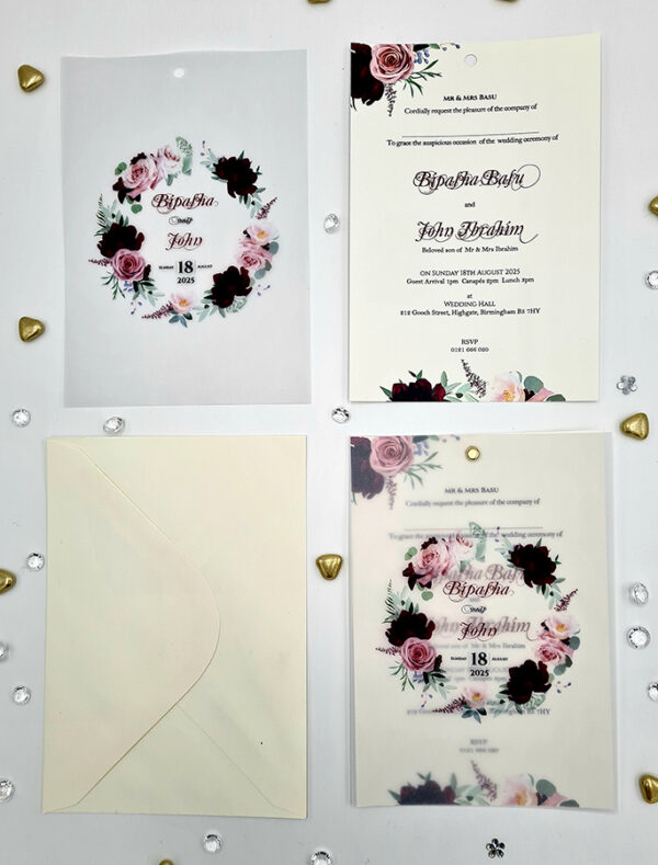 vellum overlay paper floral print invitation