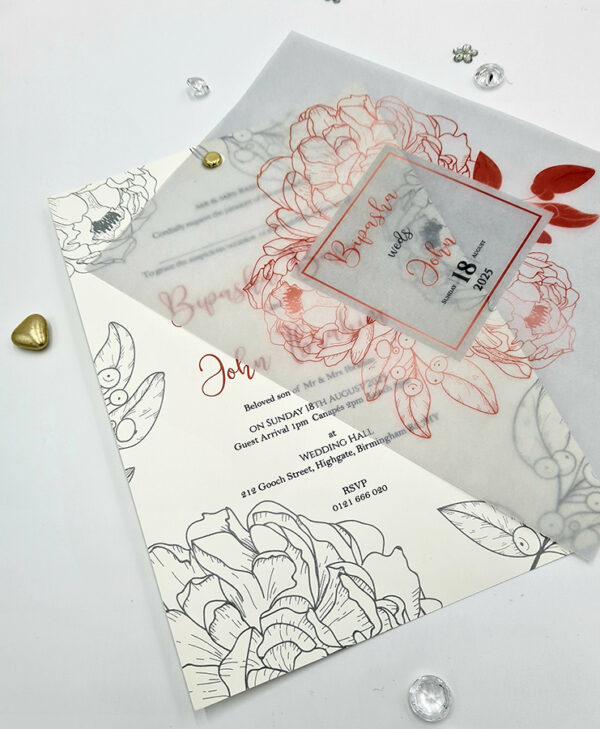 Red floral print clear vellum invitations