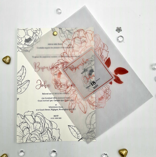 Red floral illustration custom vellum invitations