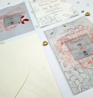 printing wedding invitations on vellum paper with red flowers