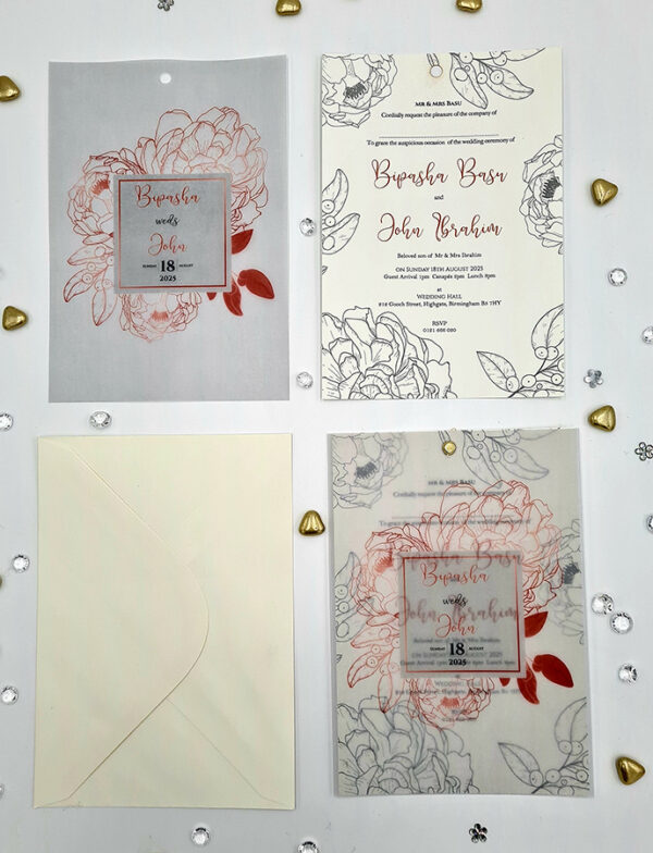 wedding invitations with vellum paper and red flower illustration