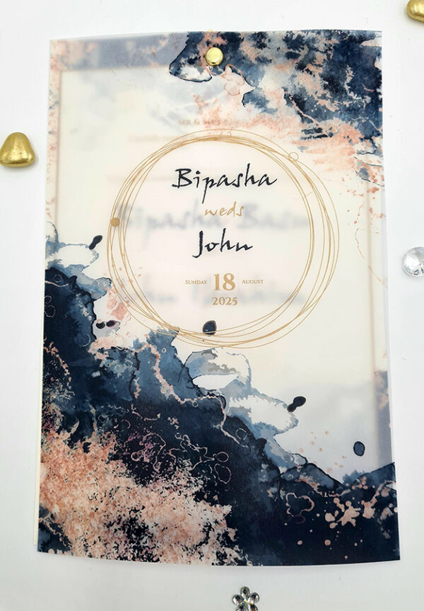 diy vellum paper invitations in navy and gold