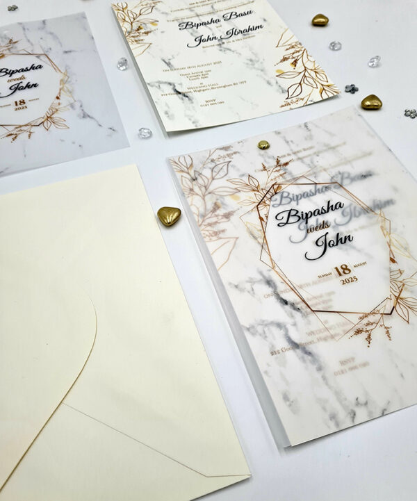 vellum gold and gray wedding invitations