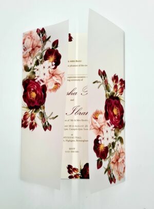 Maroon Flowers vellum wrap wedding invitation